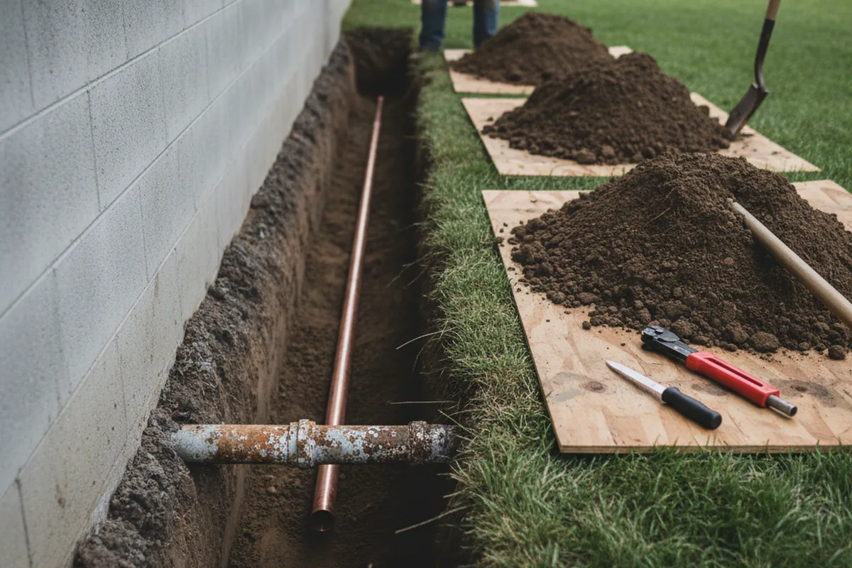 Excavated water line trench during Sewer Line Repair in Roosevelt